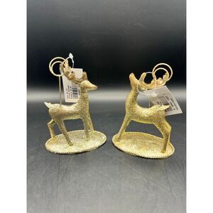 Set of‎ 2 Gold Glitter Reindeer Photo Holders Christmas Holiday Decorations NWT